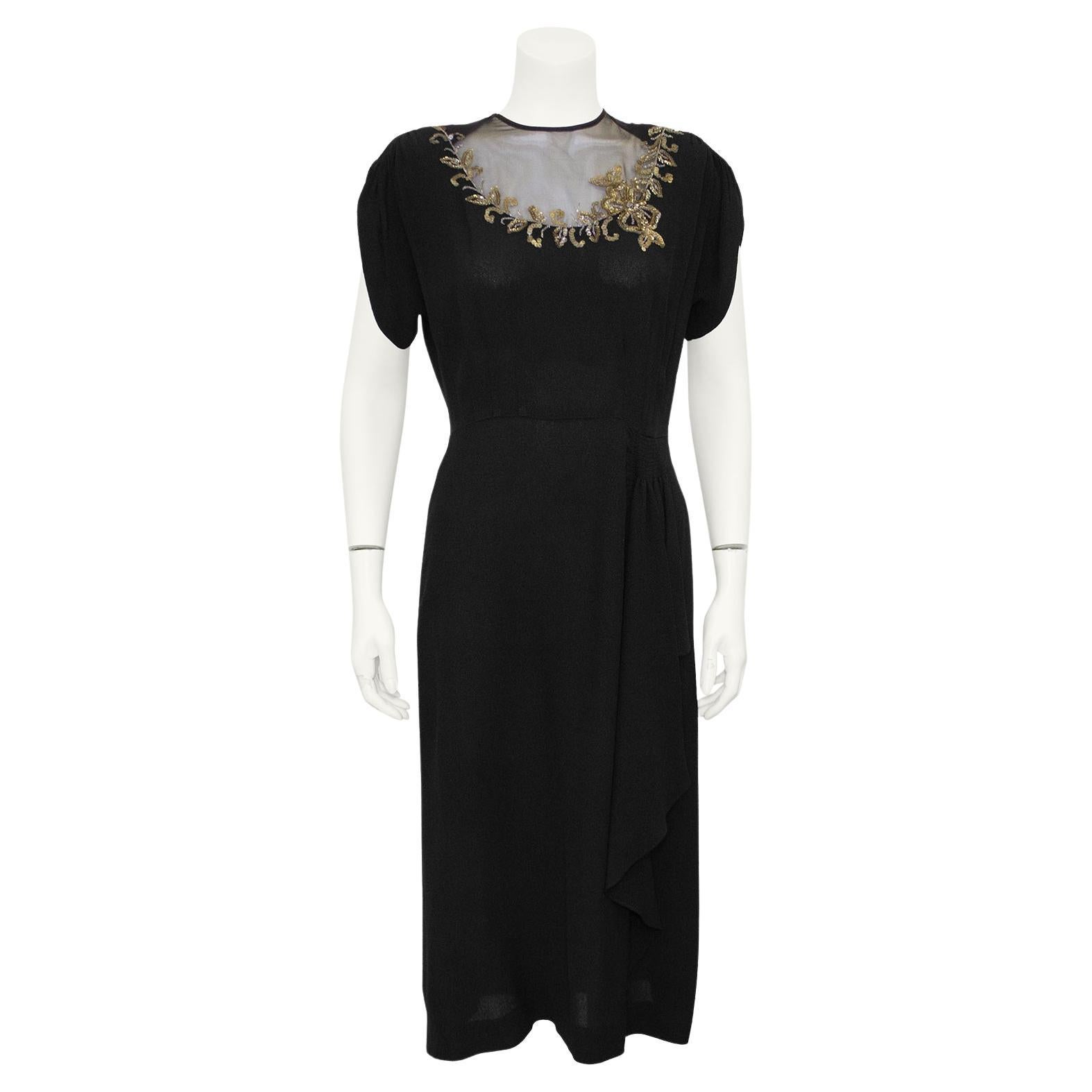 1940s Anonymous Black Crepe Dress with Sequin and Chiffon Neckline For Sale