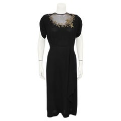 Vintage 1940s Anonymous Black Crepe Dress with Sequin and Chiffon Neckline