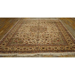 1940s Antique Beige Shah Abbas Floral Traditional Tabriz Knotted Wool Carpet Rug