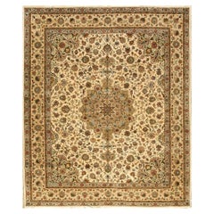 1940s Antique Beige Shah Abbas Floral Traditional Tabriz Knotted Wool Carpet Rug