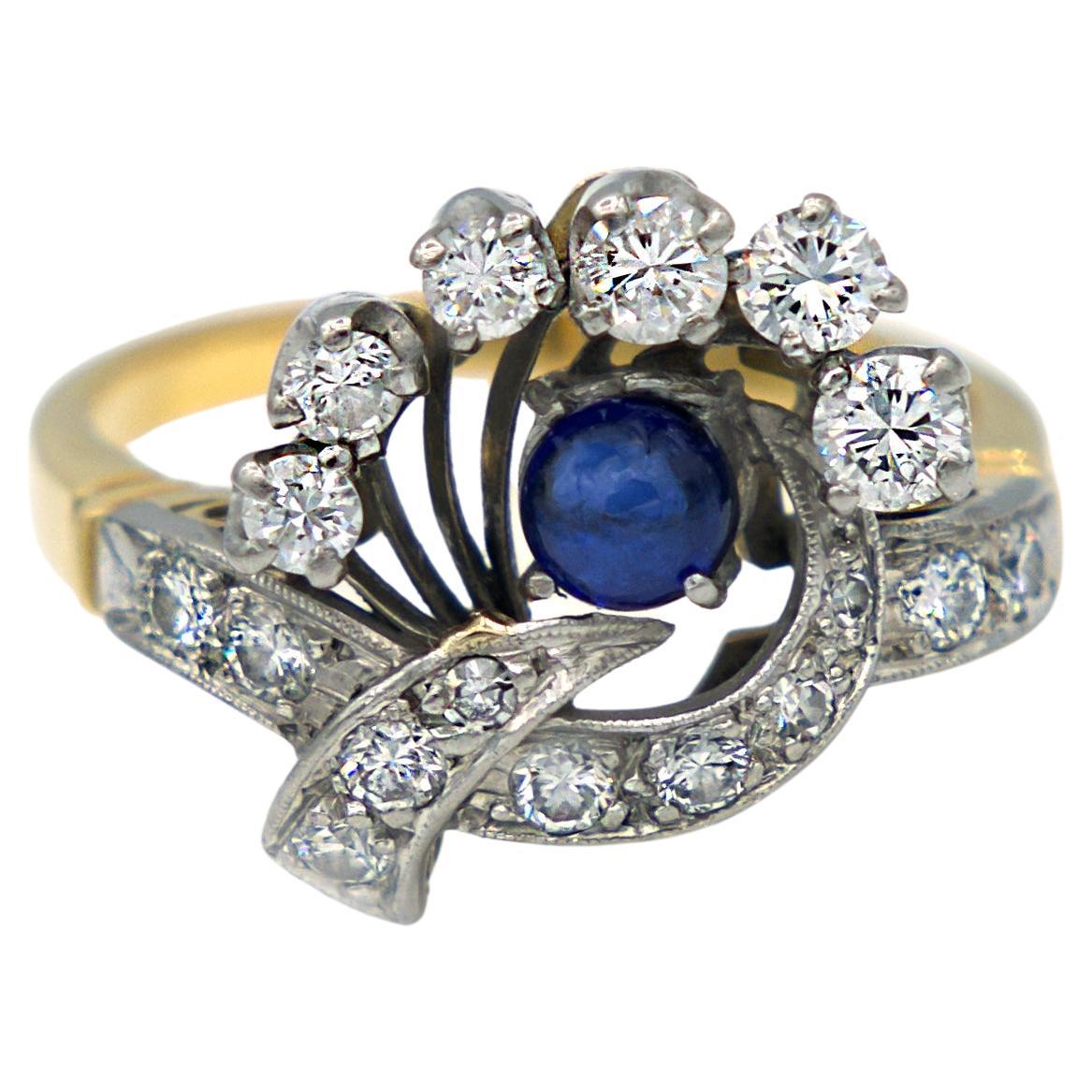 1940s Antique Blue Sapphire and Diamond Two Tone Ring