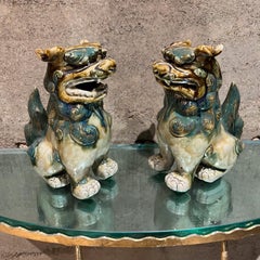 1940s Chinese Pair Foo Dog Glazed Ceramic Sculpture