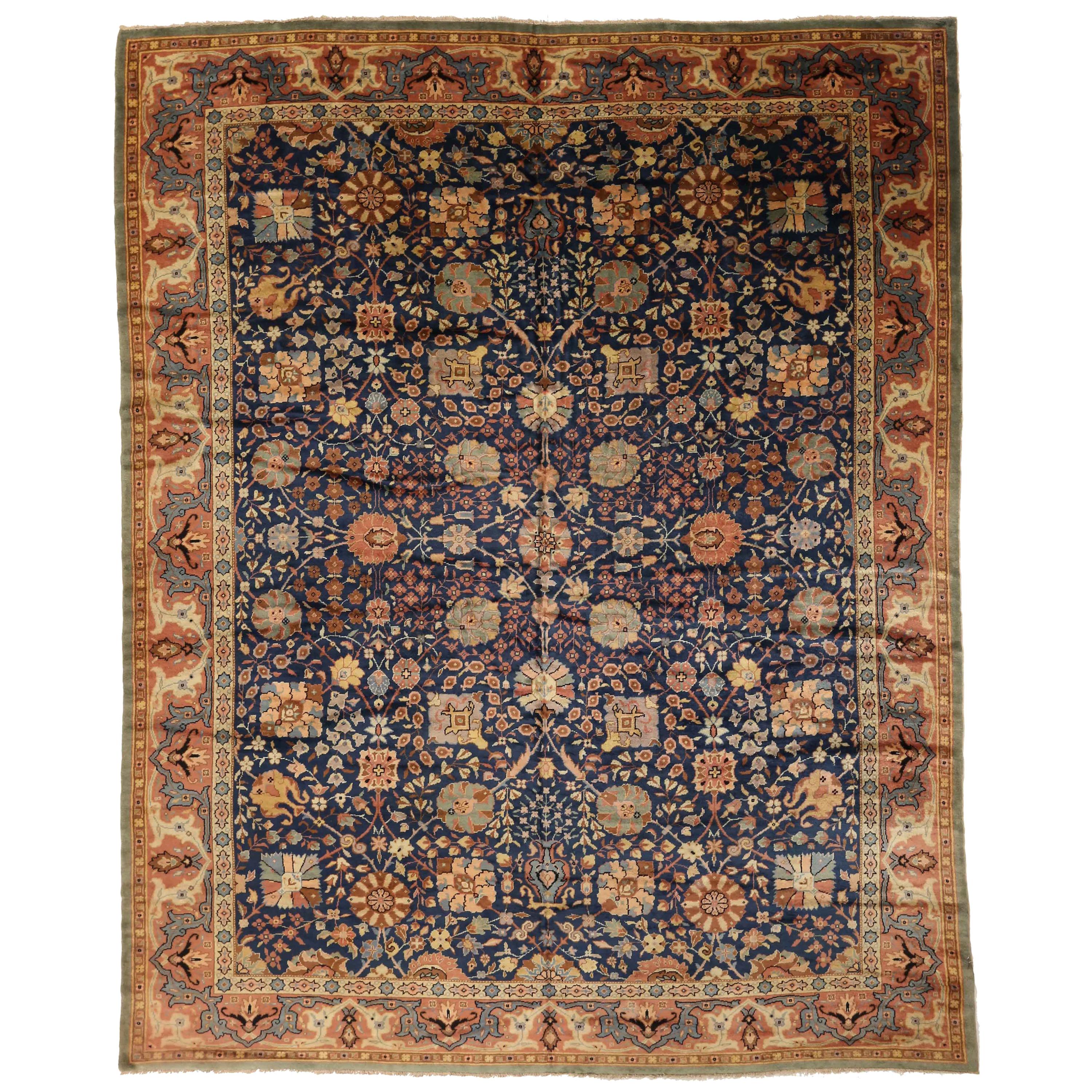 1940s Antique English Rug with Blue and Rust Floral Field For Sale