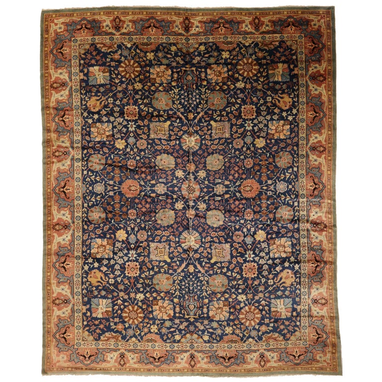 1940s Antique English Rug with Blue and Rust Floral Field For Sale at 1stDibs