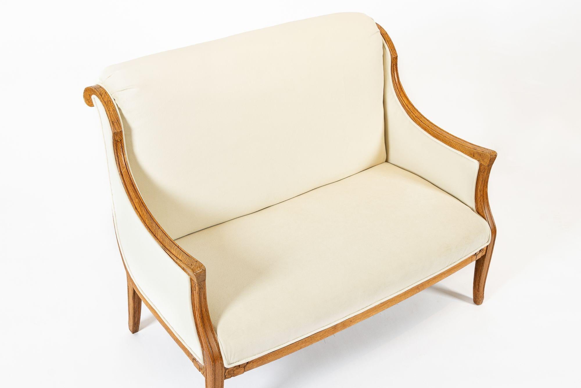 1940s Antique French Art Deco Two-Seat Loveseat Sofa Cream Upholstery For Sale 2
