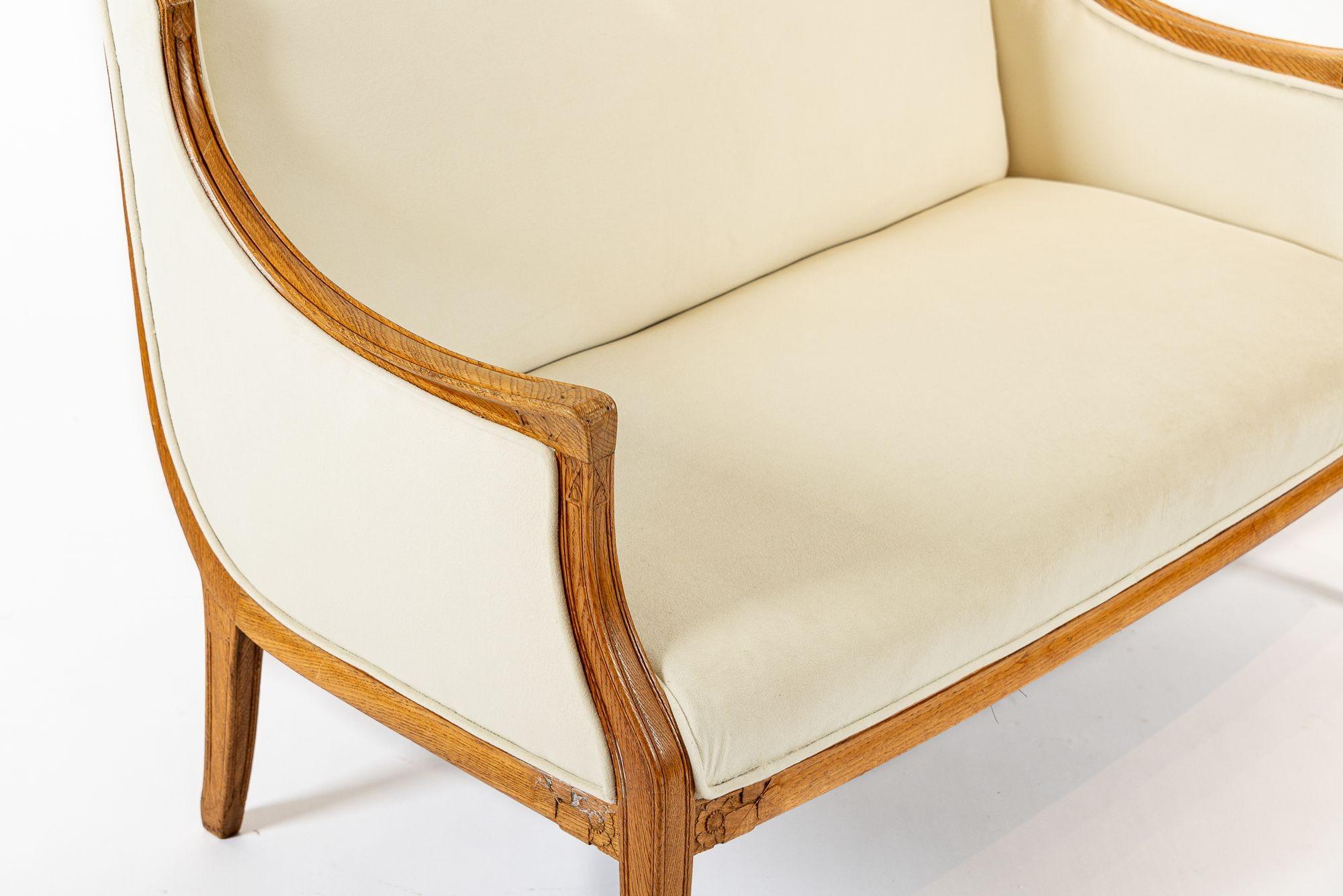 1940s Antique French Art Deco Two-Seat Loveseat Sofa Cream Upholstery For Sale 4