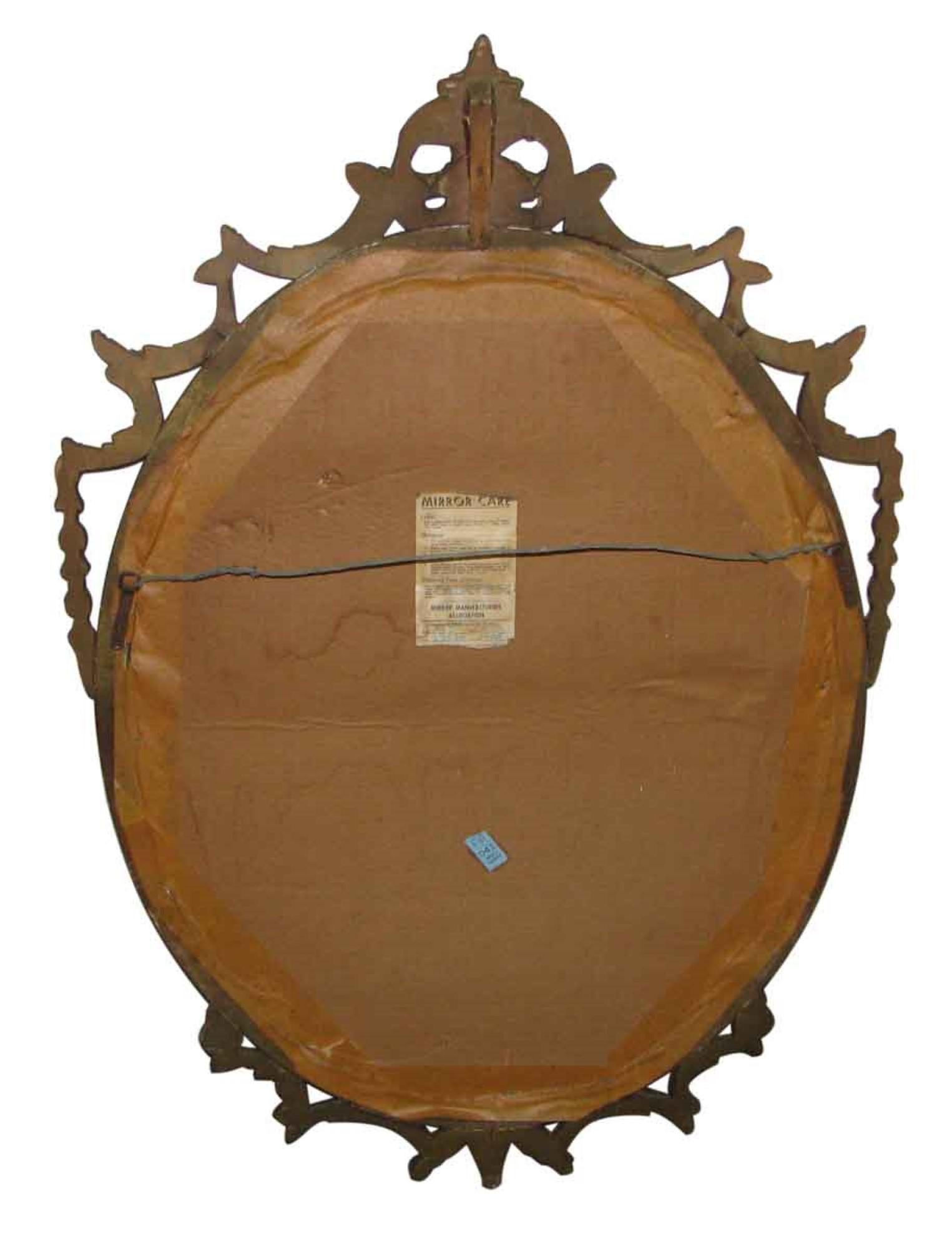 1940s Antique Hand Carved Wood Frame with Oval Beveled Mirror Done in Gold Gilt 2