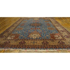 1940s Antique Luxurious Oversized Blue Swastika Formal Tabriz Silk Knotted Rug
