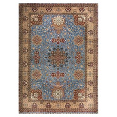 1940s Antique Luxurious Oversized Blue Swastika Formal Tabriz Silk Knotted Rug