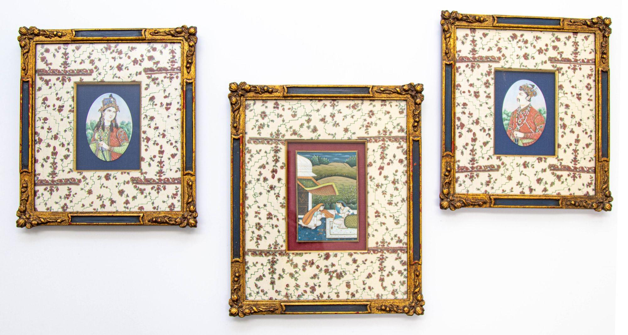 1940s  Antique Mughal Miniature Paintings of Emperor Jahangir and Noor Jahan set of 3 .
Antique set of 3 Mughal miniature paintings, beautifully framed.
Beautifully framed antique Mughal Miniature Painting, professionally framed by a Art Gallery in