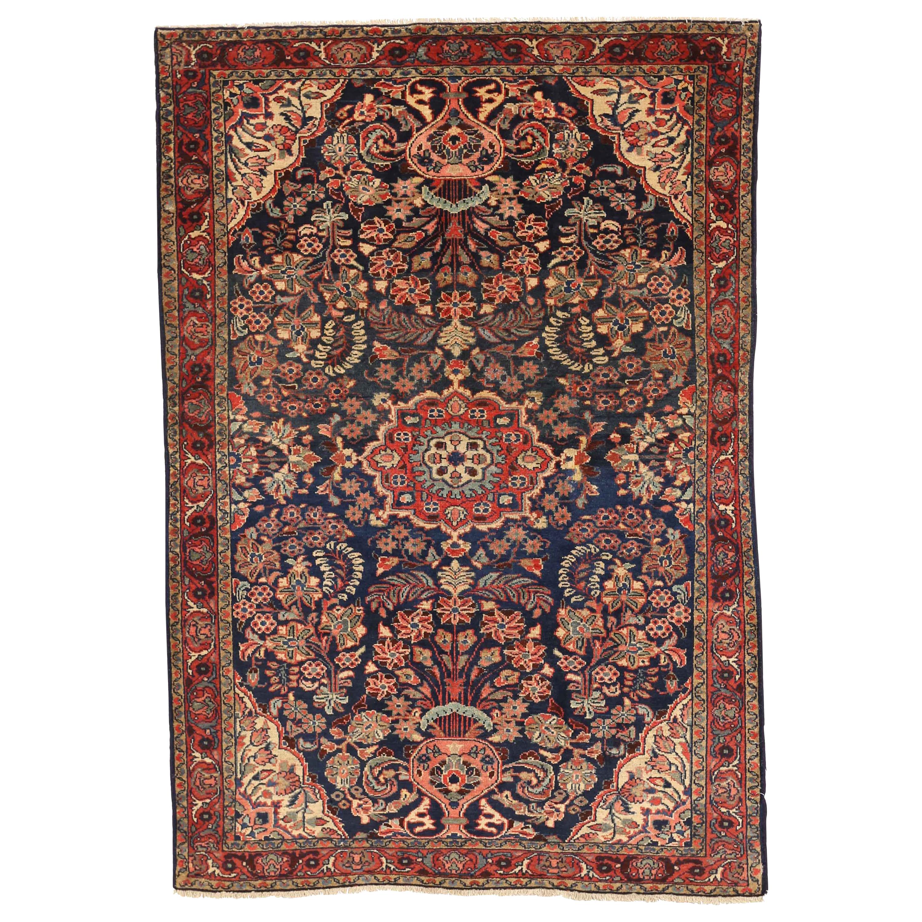 1940s Antique Persian Hamadan Rug with Red & Gray Floral Patterns