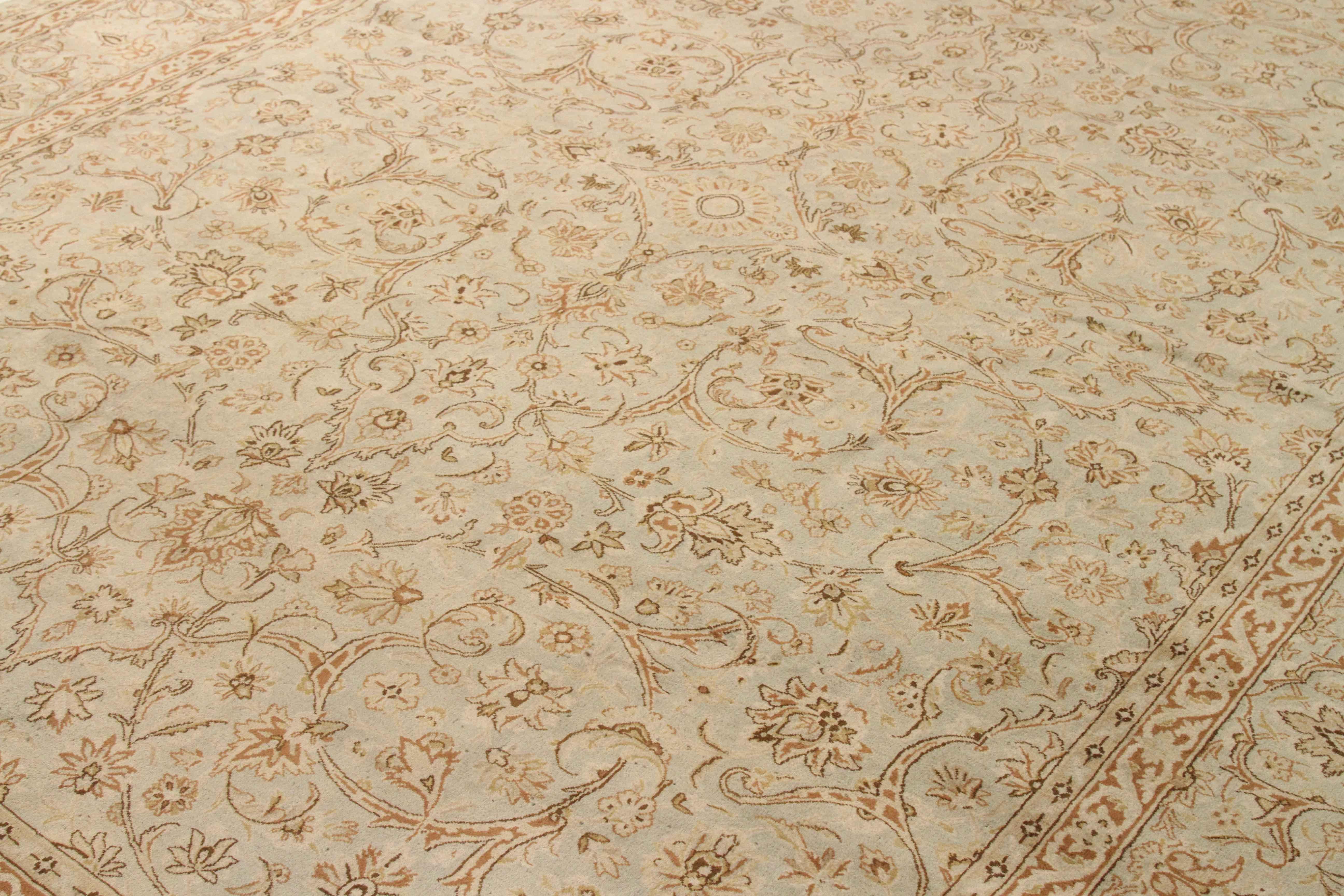 Hand-Knotted 1940s Antique Persian Kerman Rug with Ivory and Brown Flower Details over Beige For Sale