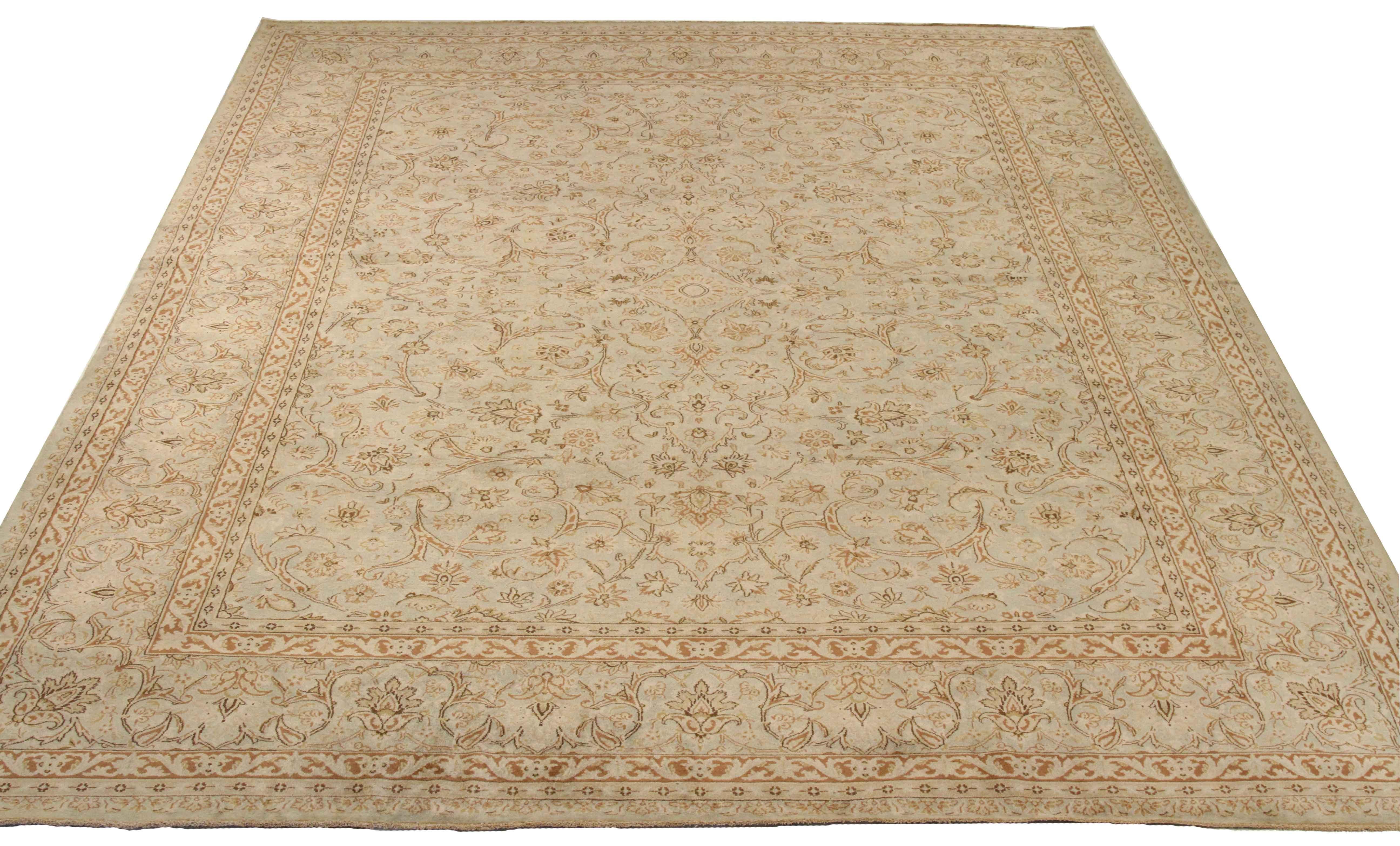 1940s Antique Persian Kerman Rug with Ivory and Brown Flower Details over Beige In Excellent Condition For Sale In Dallas, TX