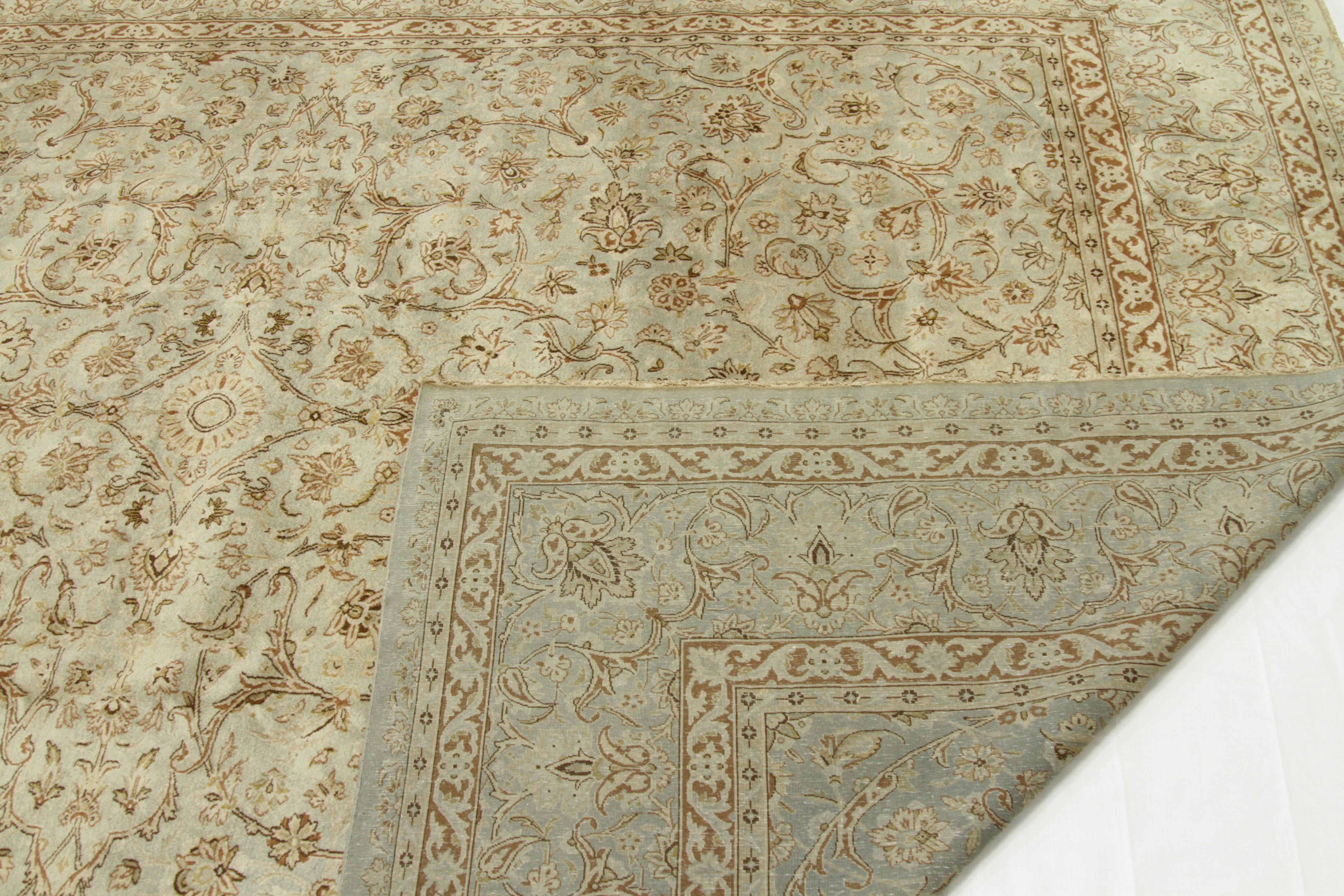 Wool 1940s Antique Persian Kerman Rug with Ivory and Brown Flower Details over Beige For Sale