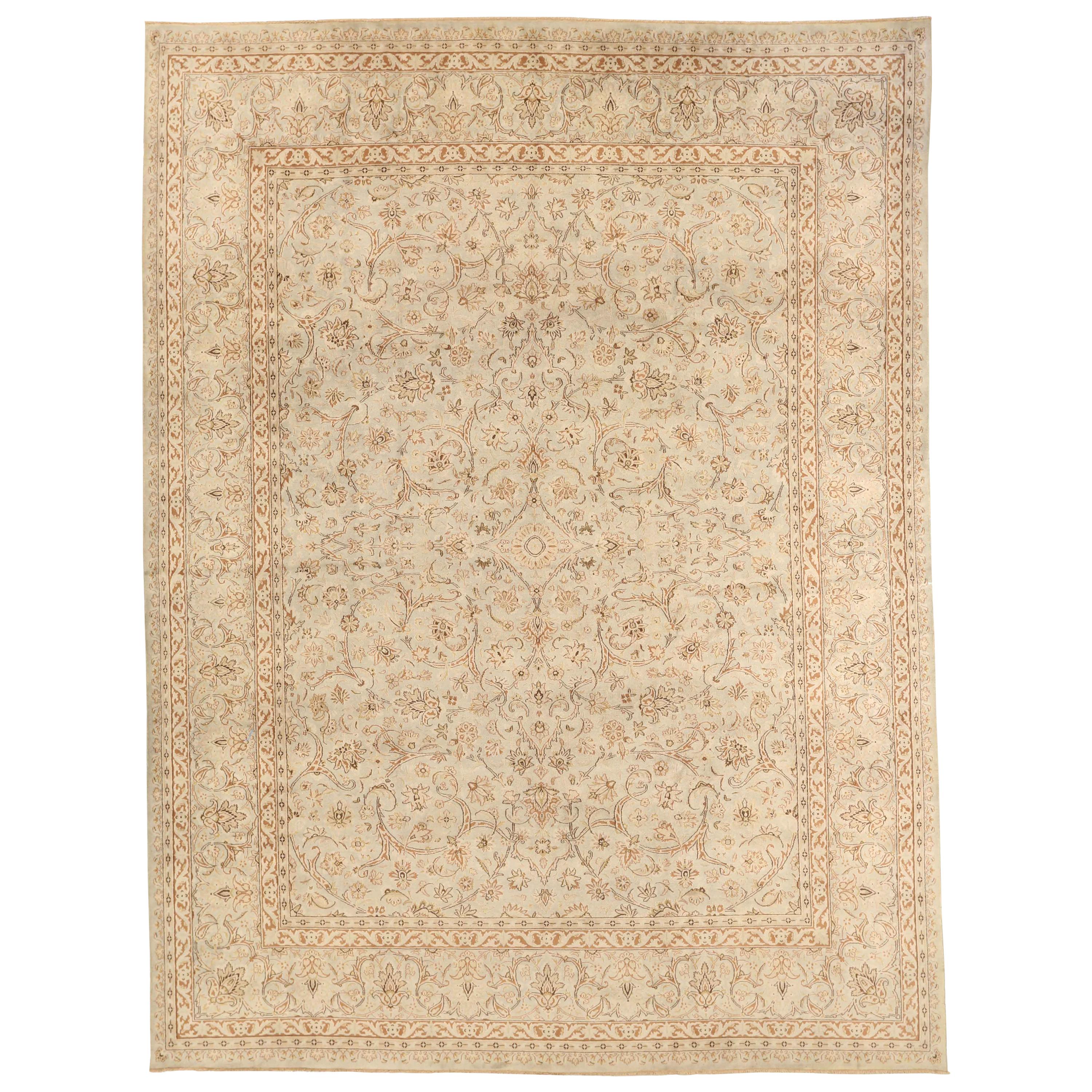 1940s Antique Persian Kerman Rug with Ivory and Brown Flower Details over Beige