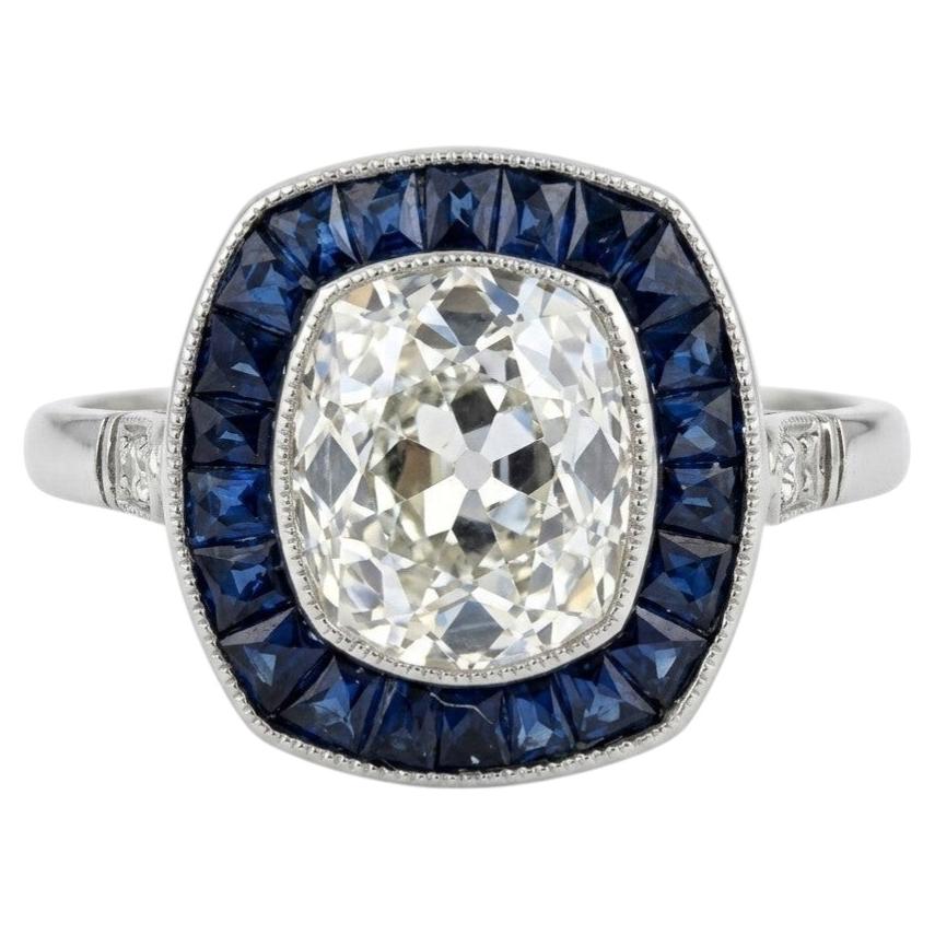 Antique Platinum 2.00 Ct Cushion Cut Halo Diamond Sapphire Ring