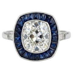 Antique Platinum 2.00 Ct Cushion Cut Halo Diamond Sapphire Ring