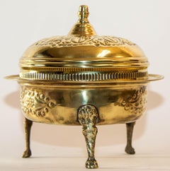 1940s Antique Round Moroccan Brass Serving Dish with Dome Lid and Paw Lion Feet.