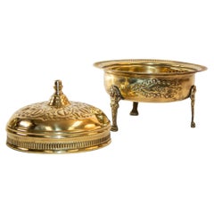 1940s Antique Round Moroccan Brass Serving Dish with Dome Lid and Paw Lion Feet.