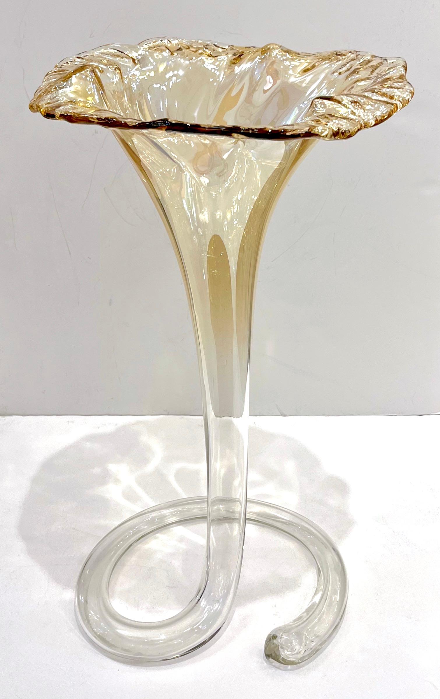 1940s Antique Italian Art Deco Amber Gold Crystal Murano Glass Tall Lily Vase For Sale 7