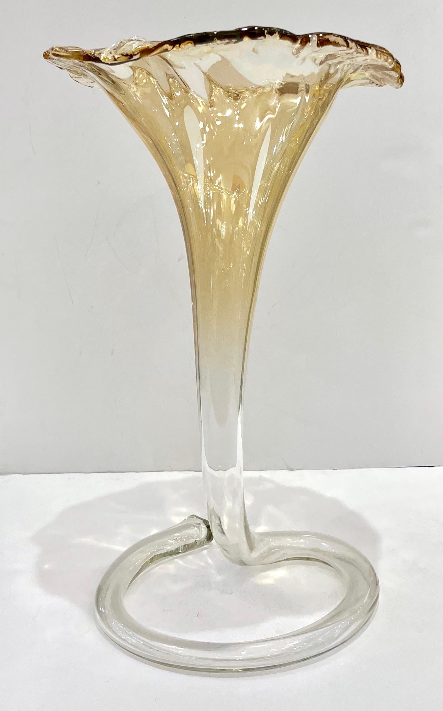 Hand-Crafted 1940s Antique Italian Art Deco Amber Gold Crystal Murano Glass Tall Lily Vase For Sale