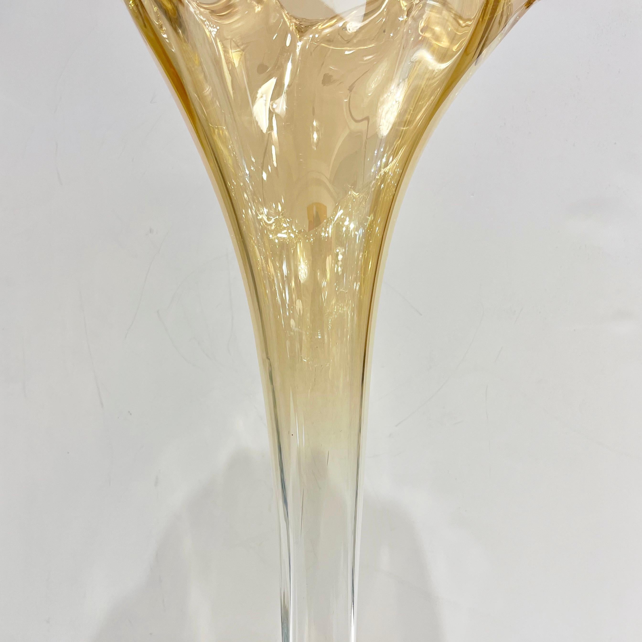 1940s Antique Italian Art Deco Amber Gold Crystal Murano Glass Tall Lily Vase For Sale 1