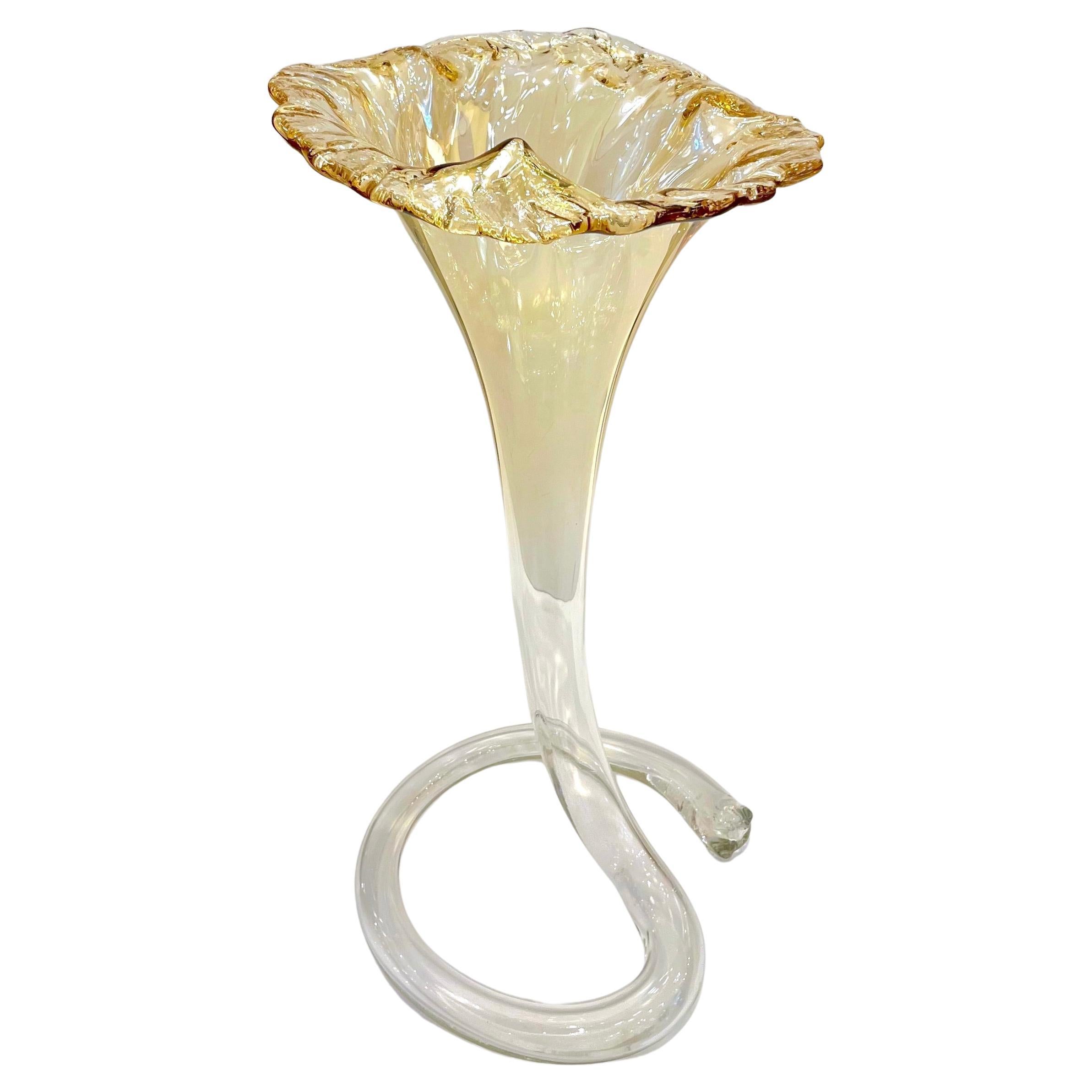 1940s Antique Italian Art Deco Amber Gold Crystal Murano Glass Tall Lily Vase For Sale