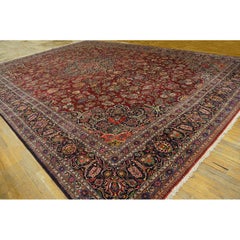 1940s Antique Traditional Medallion Claret & Dark Blue Qazvin Carpet Gallery Rug