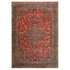 1940s Antique Traditional Medallion Claret & Dark Blue Qazvin Carpet Gallery Rug