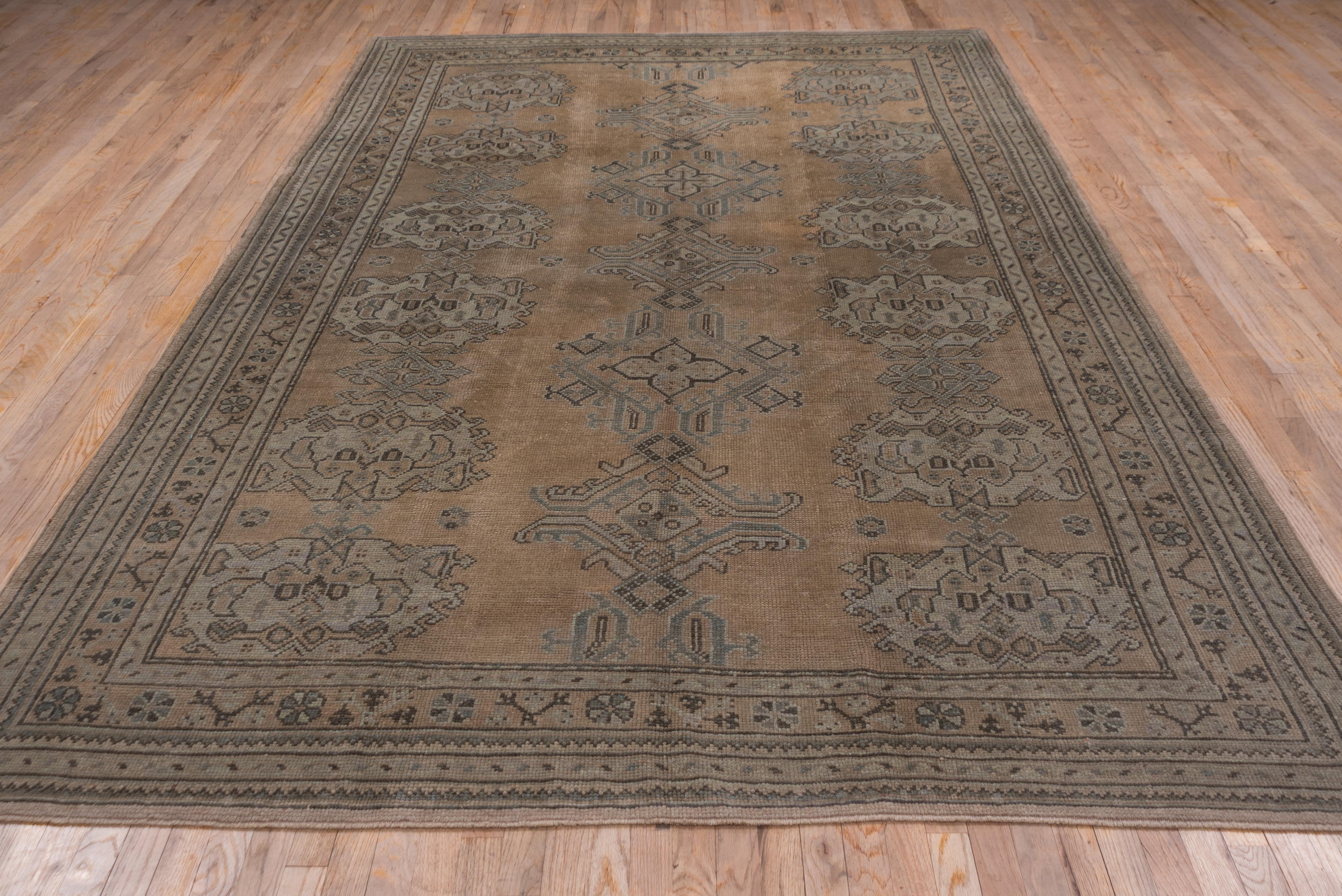 Wool 1940s Antique Turkish Oushak Carpet, Allover Beige Field & Light Blue Accents For Sale