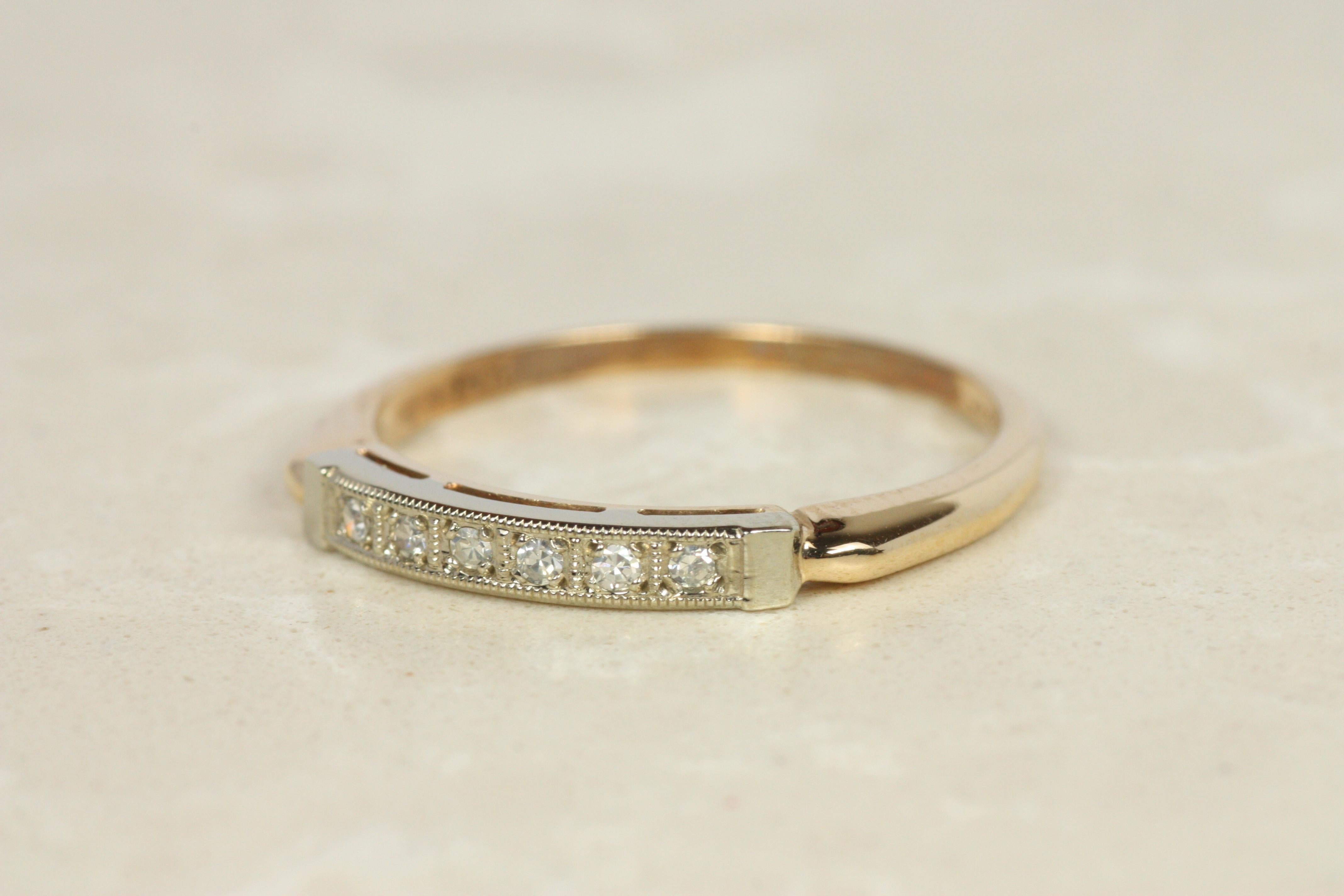 Women's 1940s Antique Two-Tone Diamond Wedding Band in 14K Yellow & White Gold For Sale