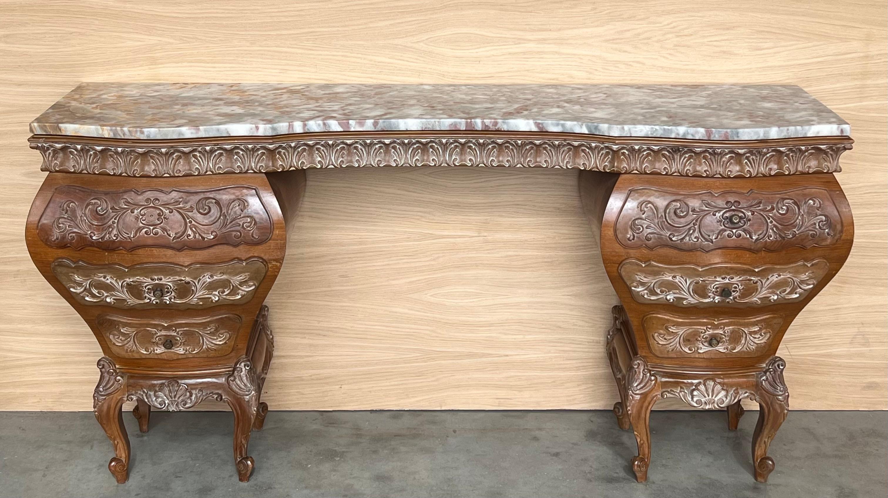 1940s Antique Vanity Baroque Spanish, Dressing Table, Hand Carved Walnut & Burl In Good Condition For Sale In Miami, FL