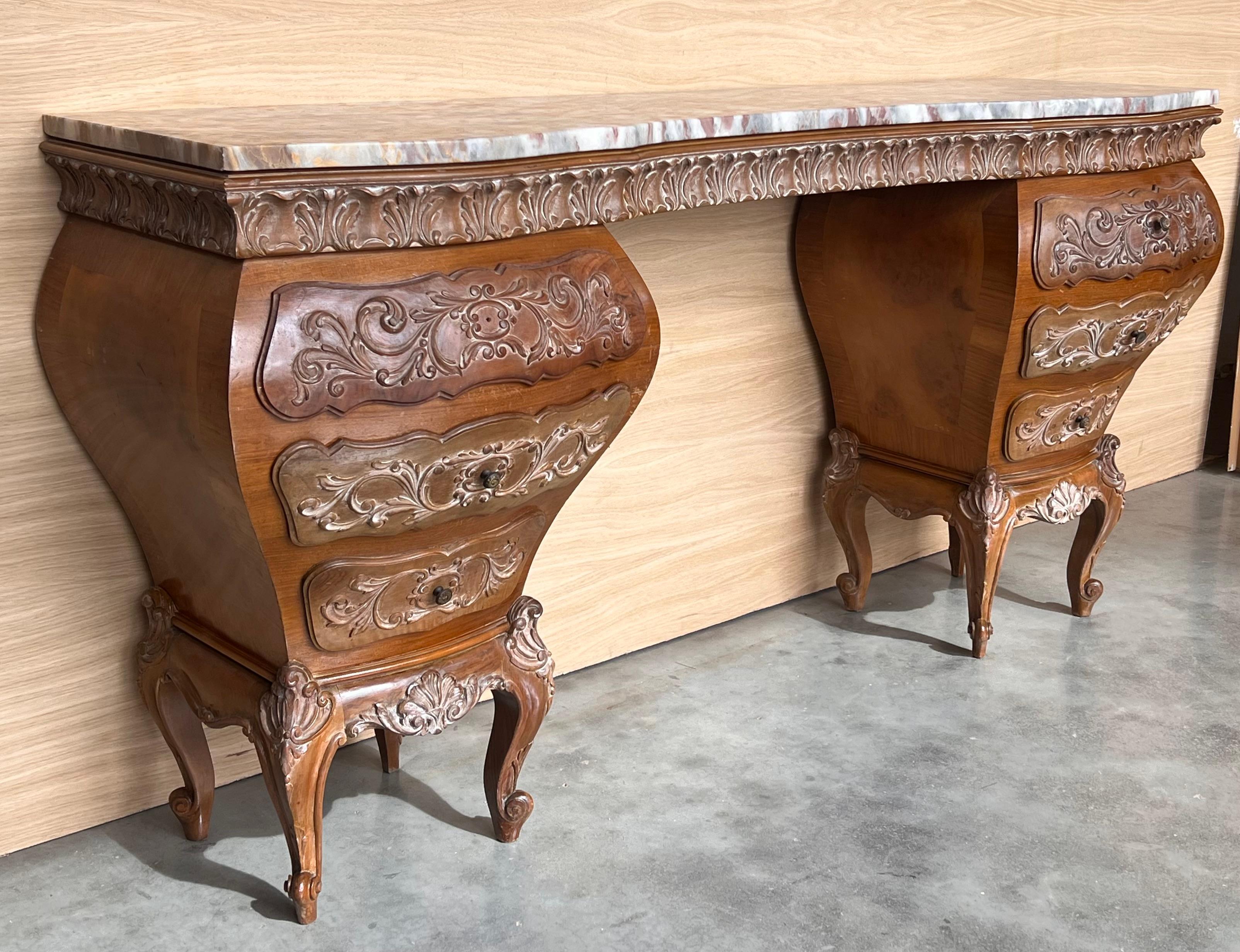 20th Century 1940s Antique Vanity Baroque Spanish, Dressing Table, Hand Carved Walnut & Burl For Sale