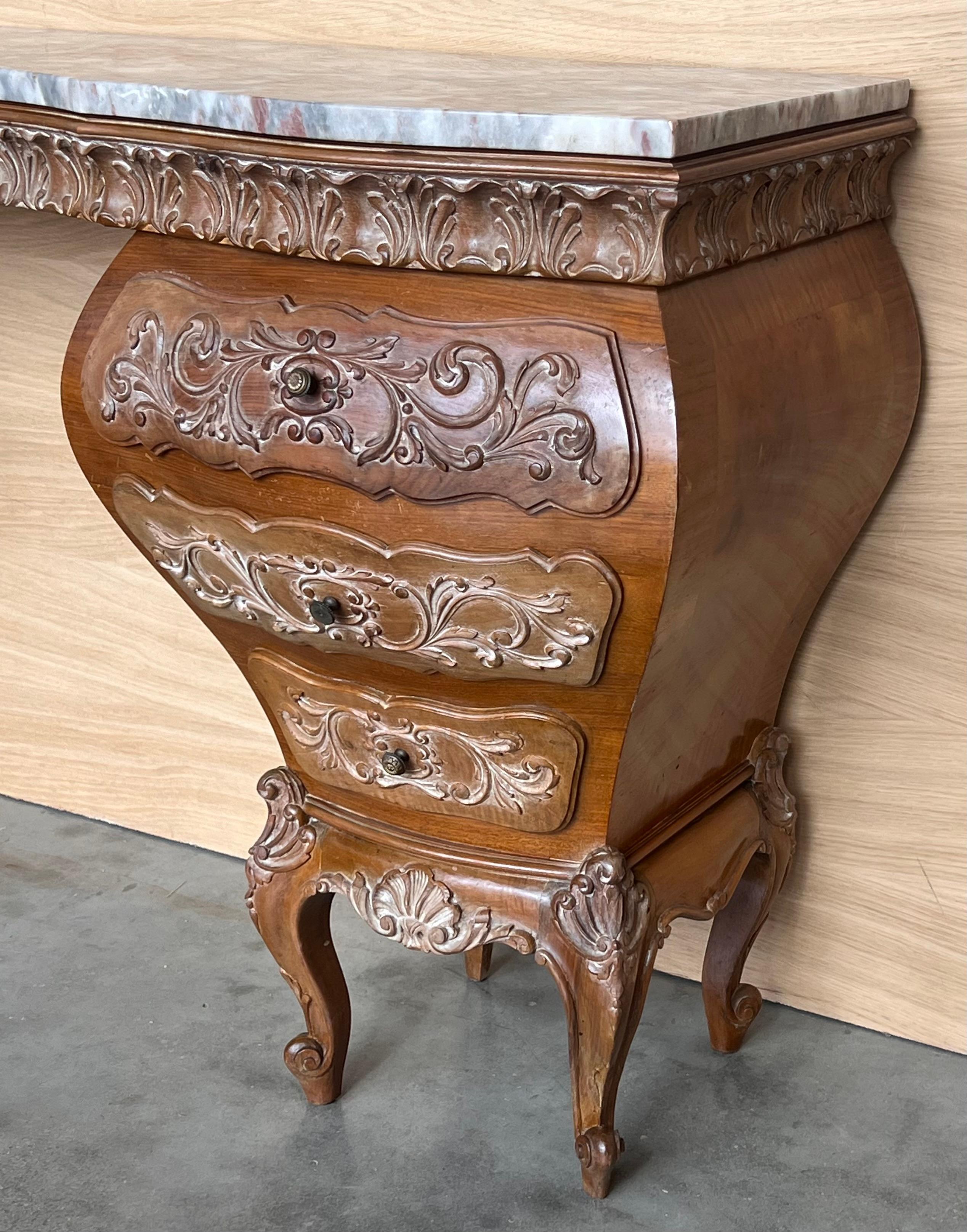 Wood 1940s Antique Vanity Baroque Spanish, Dressing Table, Hand Carved Walnut & Burl For Sale
