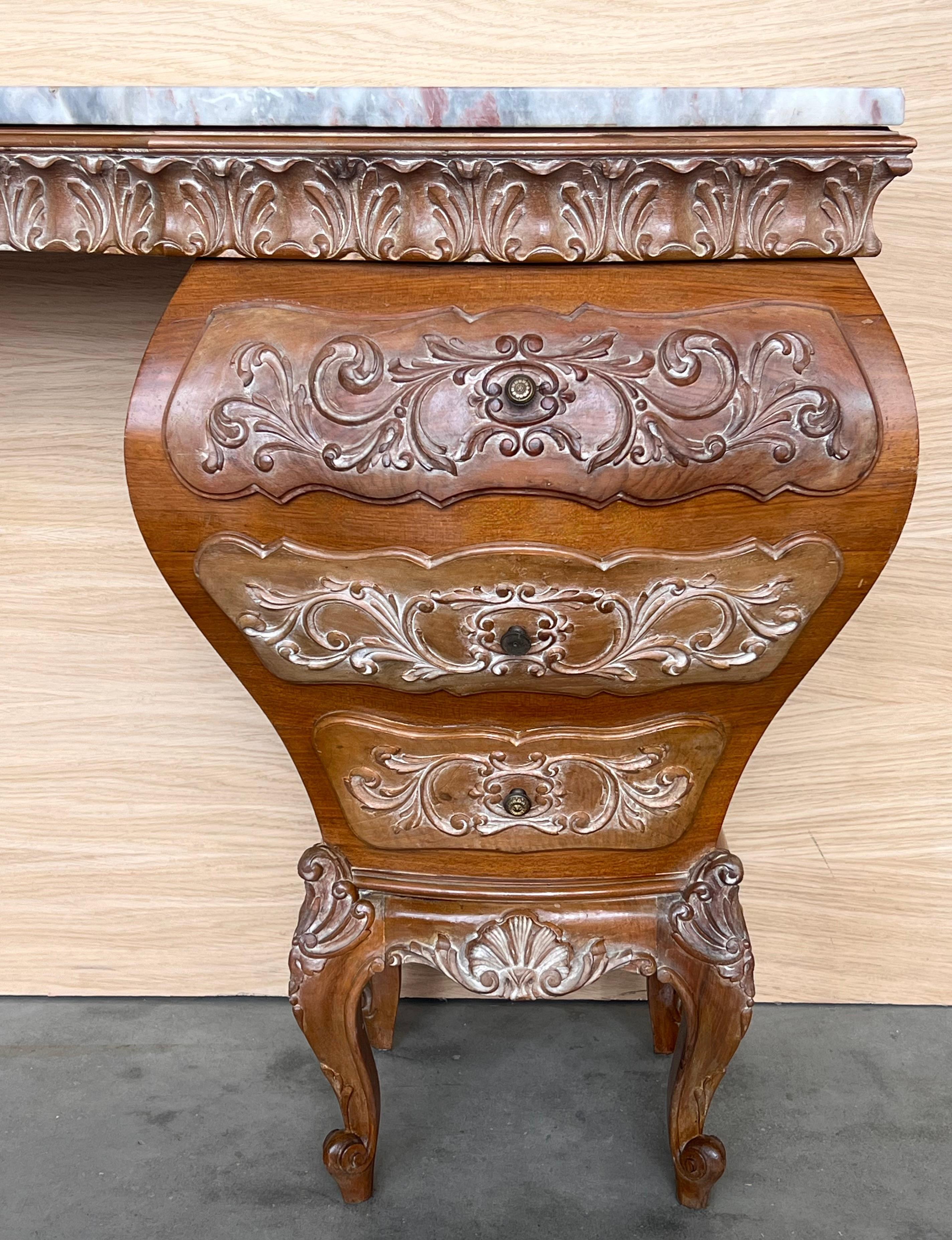 1940s Antique Vanity Baroque Spanish, Dressing Table, Hand Carved Walnut & Burl For Sale 2