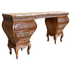 1940s Antiguo Tocador Barroco Español, Tocador, Tallado a Mano Nogal y Burl