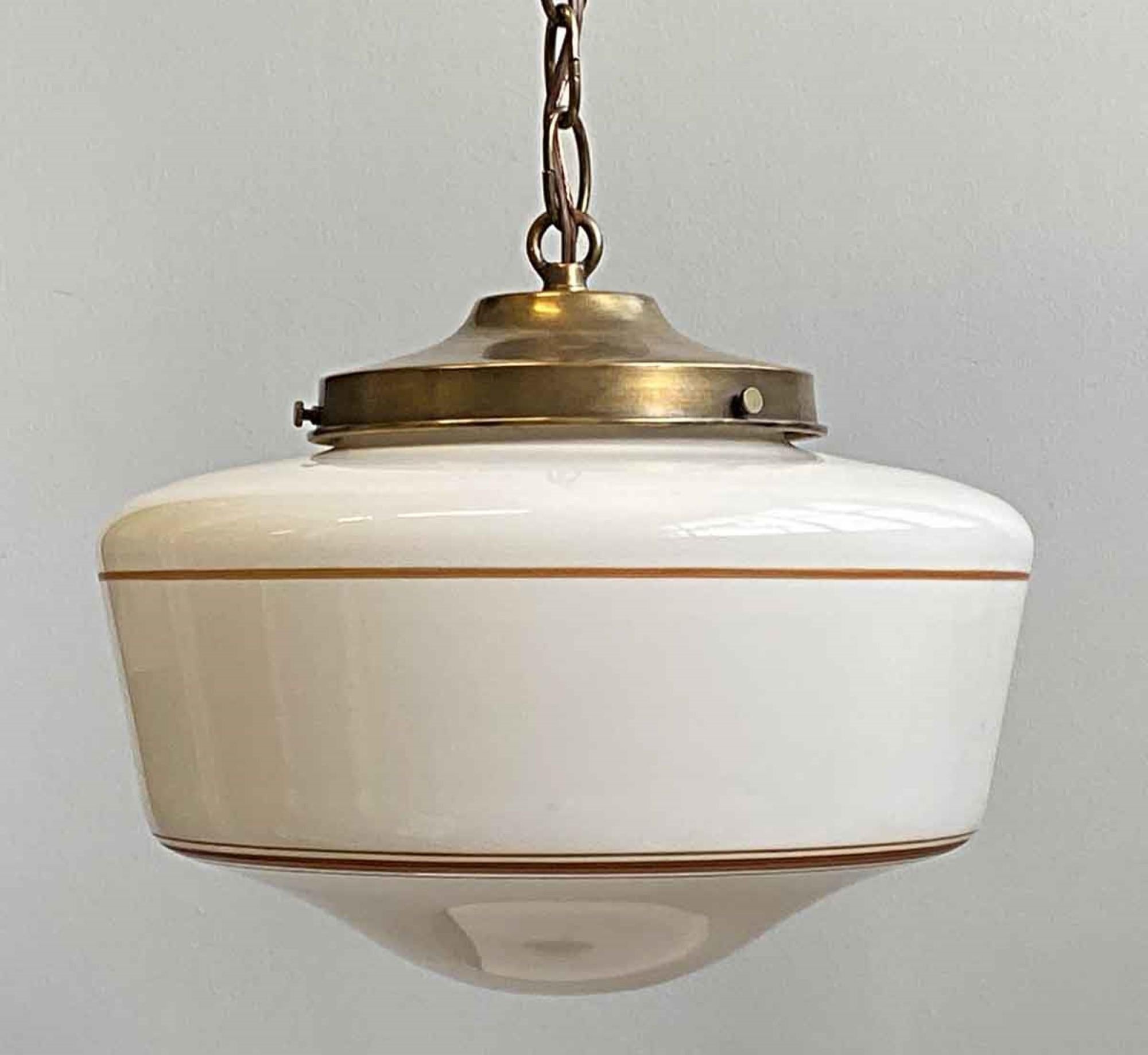 American 1940s Pendant Light with Stenciled Stripes Antique White Schoolhouse Globe
