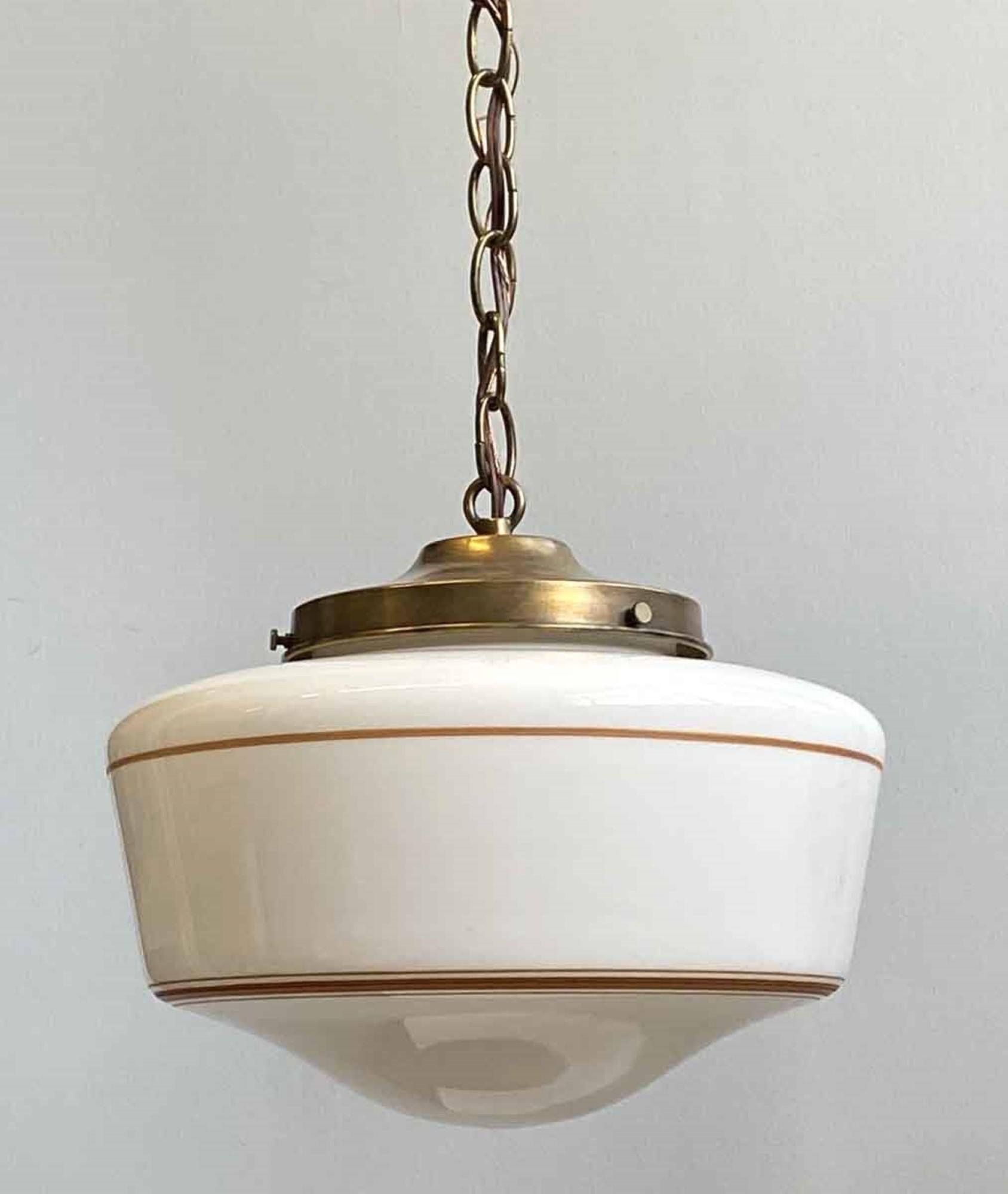 1940s Pendant Light with Stenciled Stripes Antique White Schoolhouse Globe In Good Condition In New York, NY