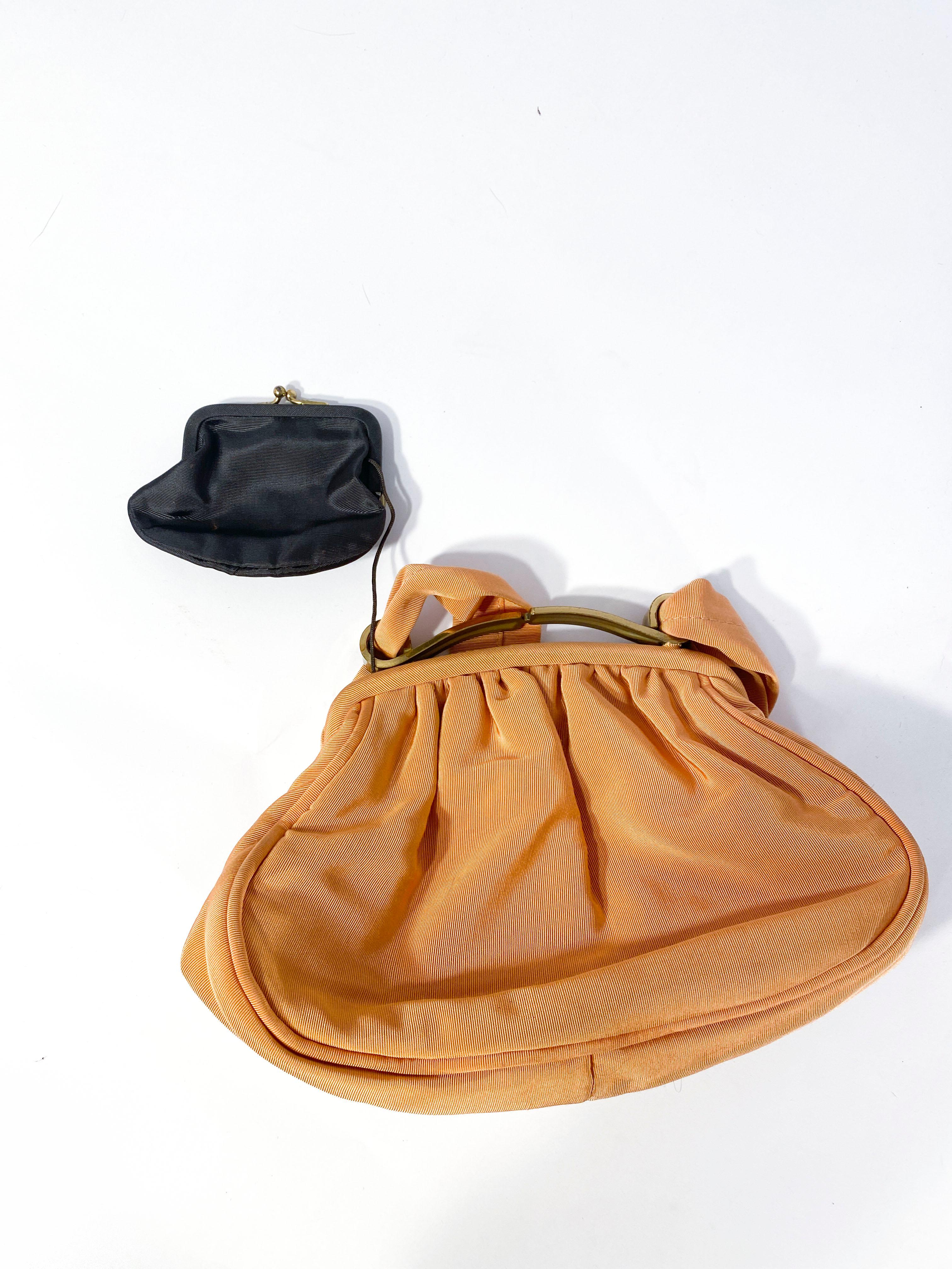 Orange 1940s Apricot Twill Hand Bag with Brass Hardware For Sale