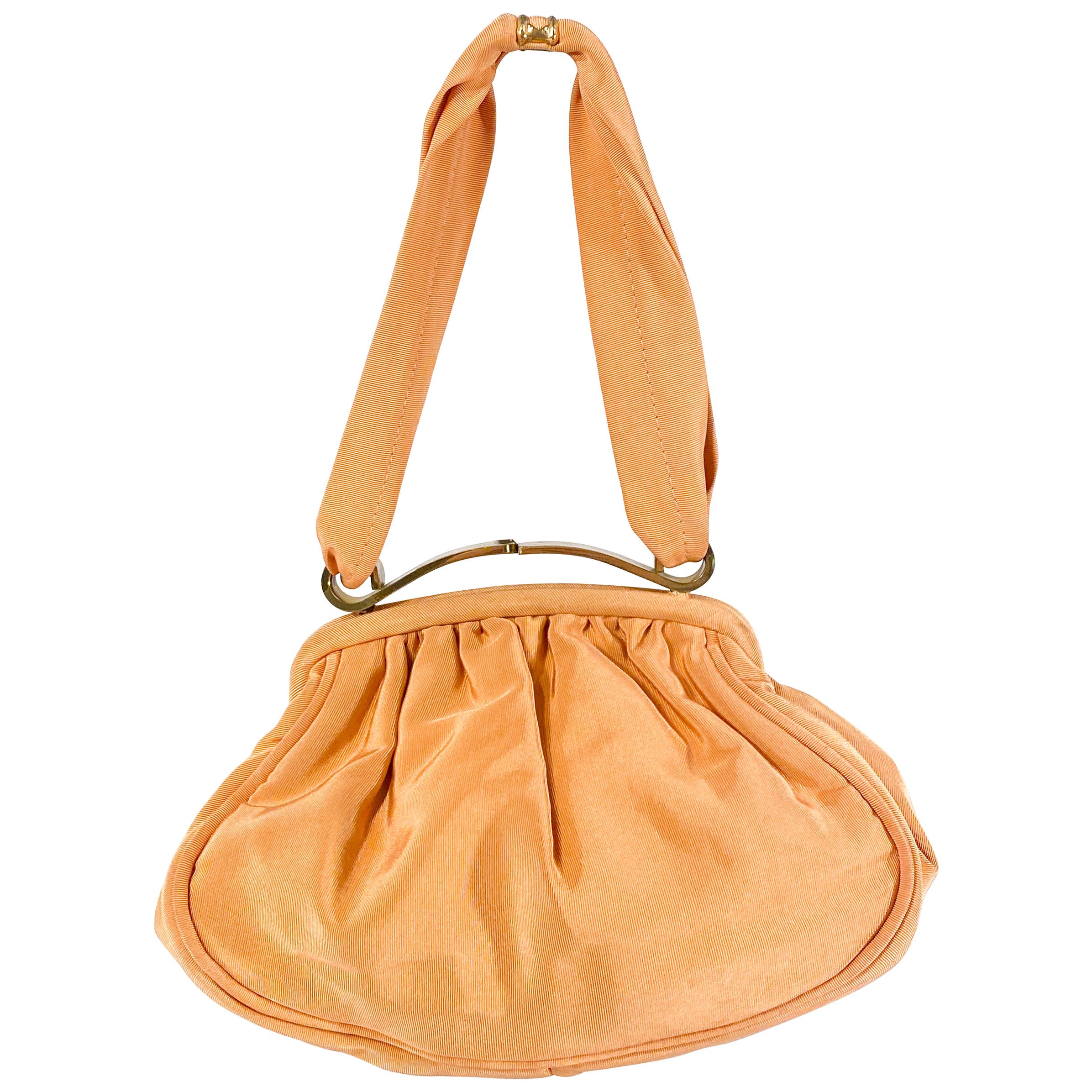 1940s Apricot Twill Hand Bag with Brass Hardware For Sale