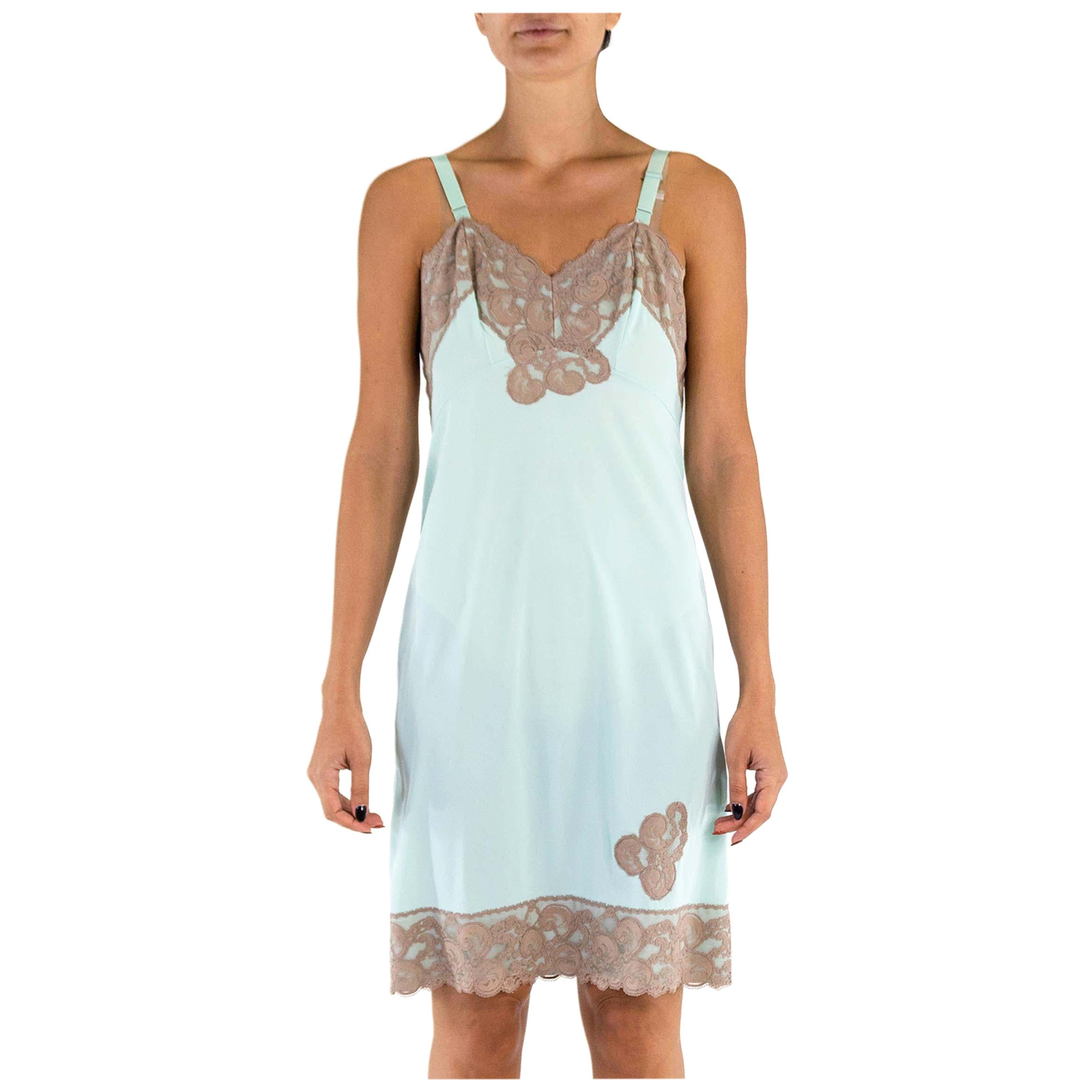 1940S Aqua Blue Nylon Tricot Jersey Slip With Lace Trim