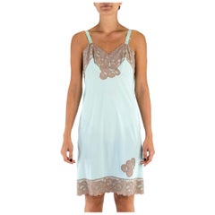 Vintage 1940S Aqua Blue Nylon Tricot Jersey Slip With Lace Trim
