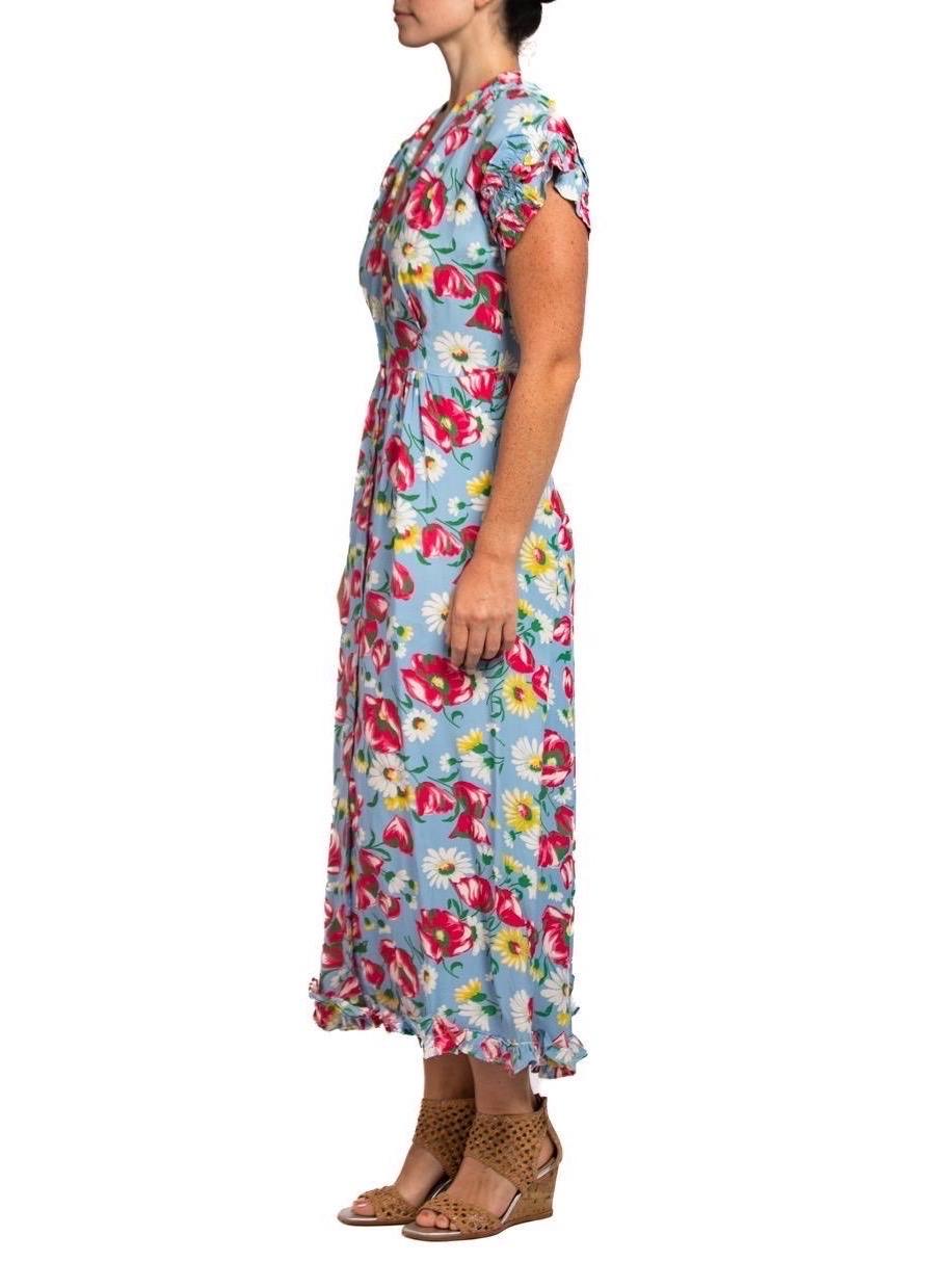 Women's 1940S Aqua Blue & Pink Cold Rayon Floral Zip-Front Dress For Sale