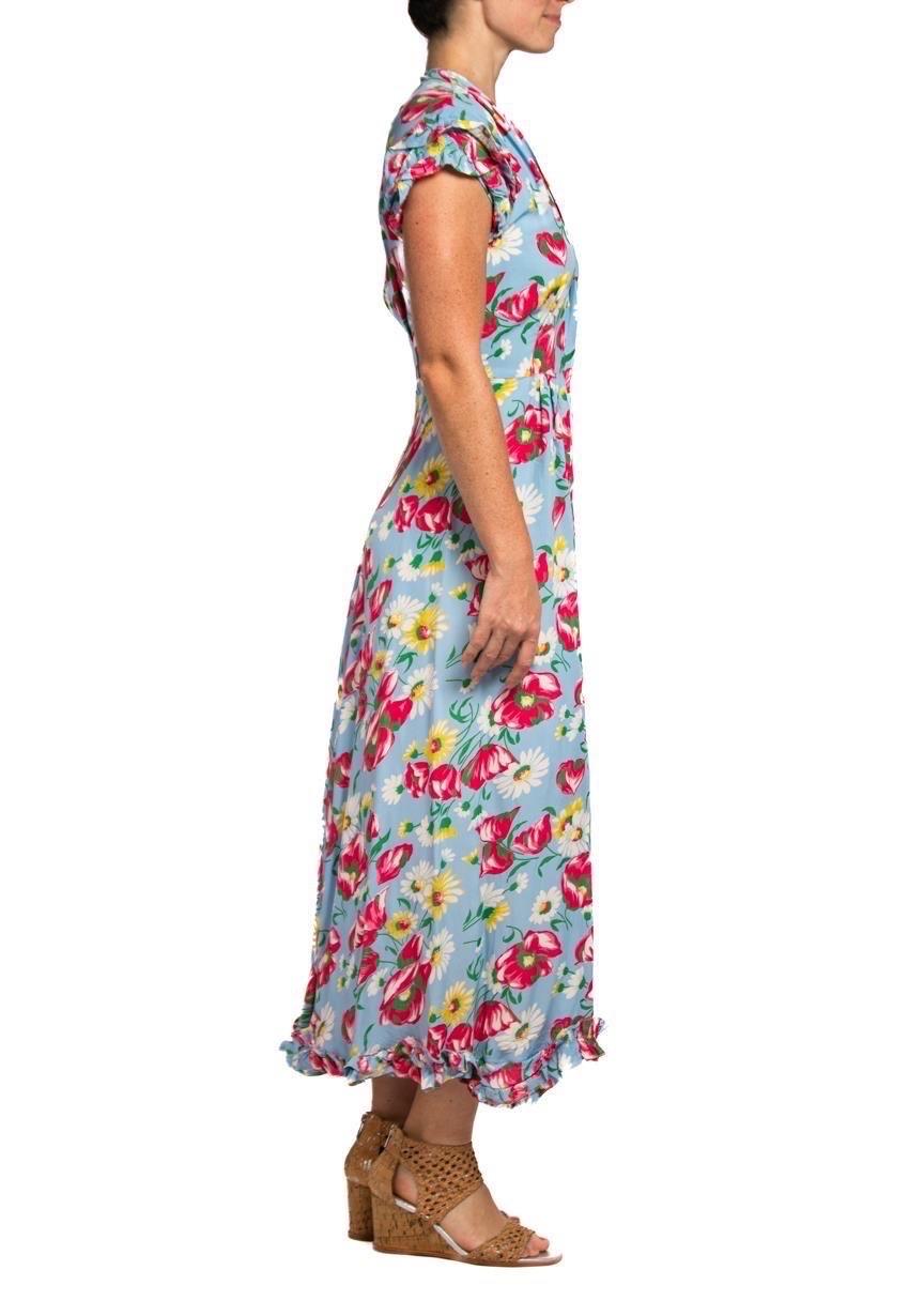 1940S Aqua Blue & Pink Cold Rayon Floral Zip-Front Dress For Sale 1