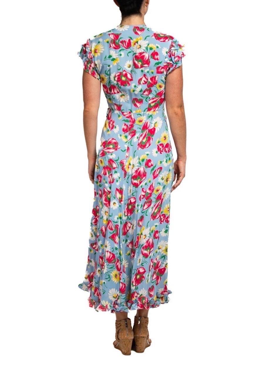 1940S Aqua Blue & Pink Cold Rayon Floral Zip-Front Dress For Sale 2