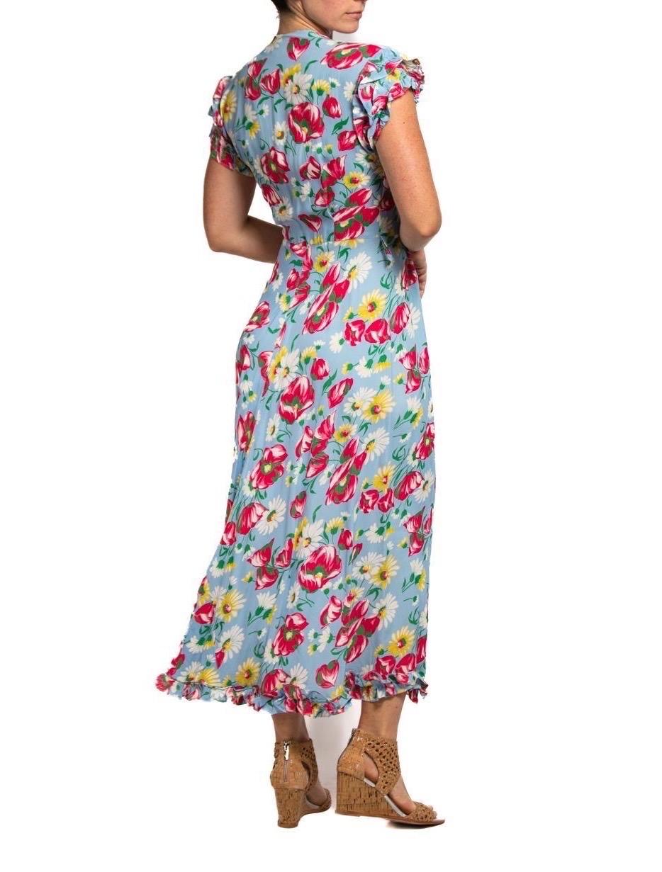 1940S Aqua Blue & Pink Cold Rayon Floral Zip-Front Dress For Sale 3