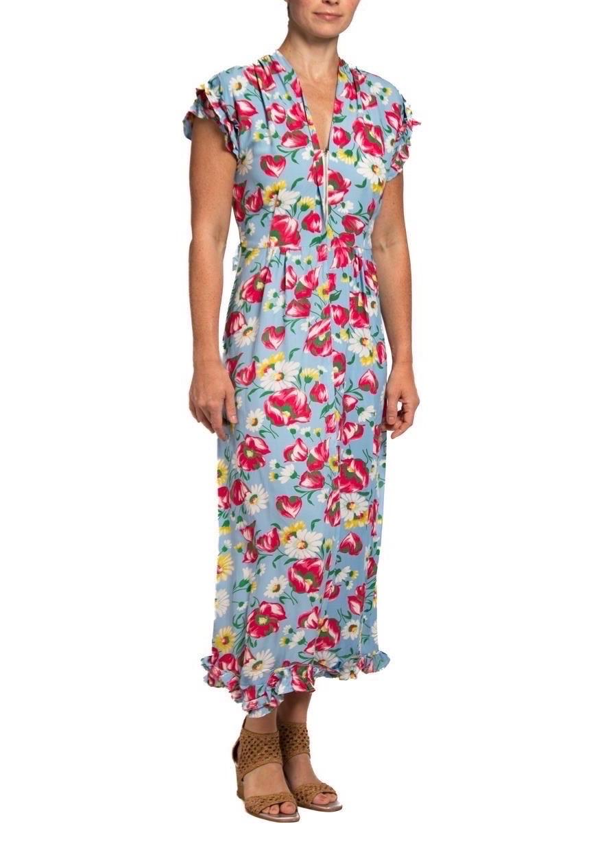 1940S Aqua Blue & Pink Cold Rayon Floral Zip-Front Dress For Sale 4
