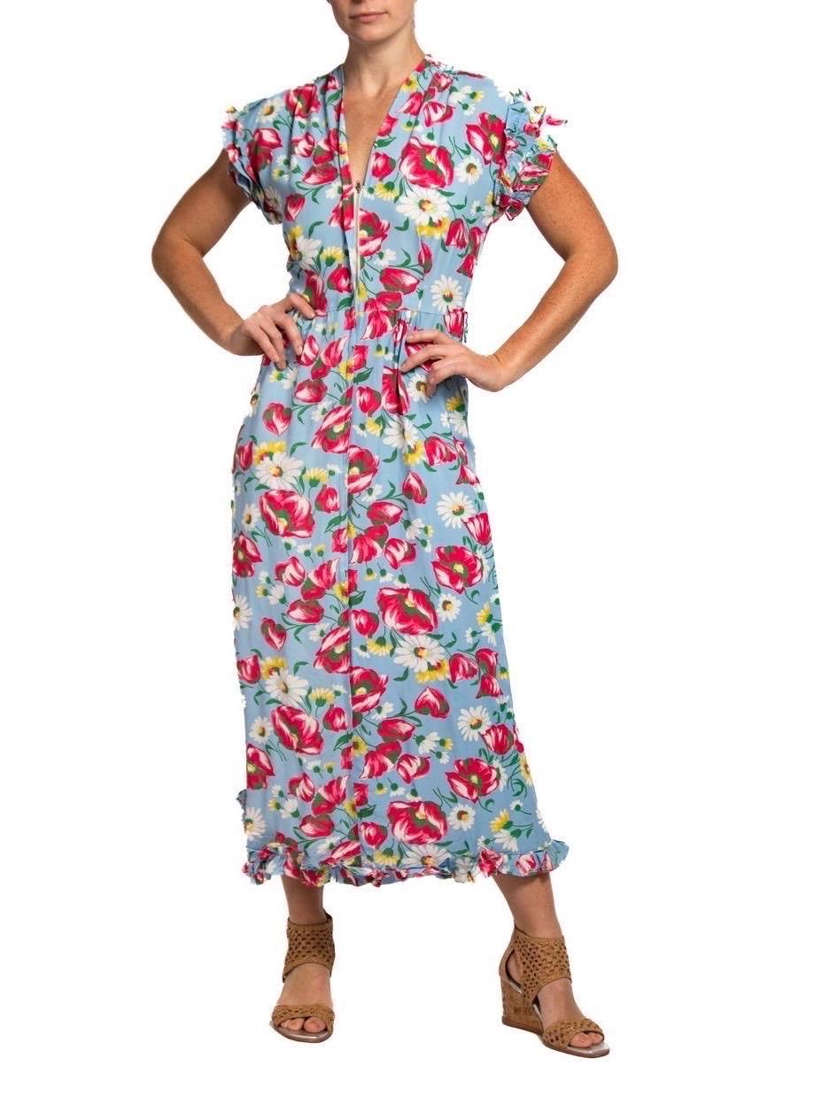 1940S Aqua Blue & Pink Cold Rayon Floral Zip-Front Dress For Sale 5