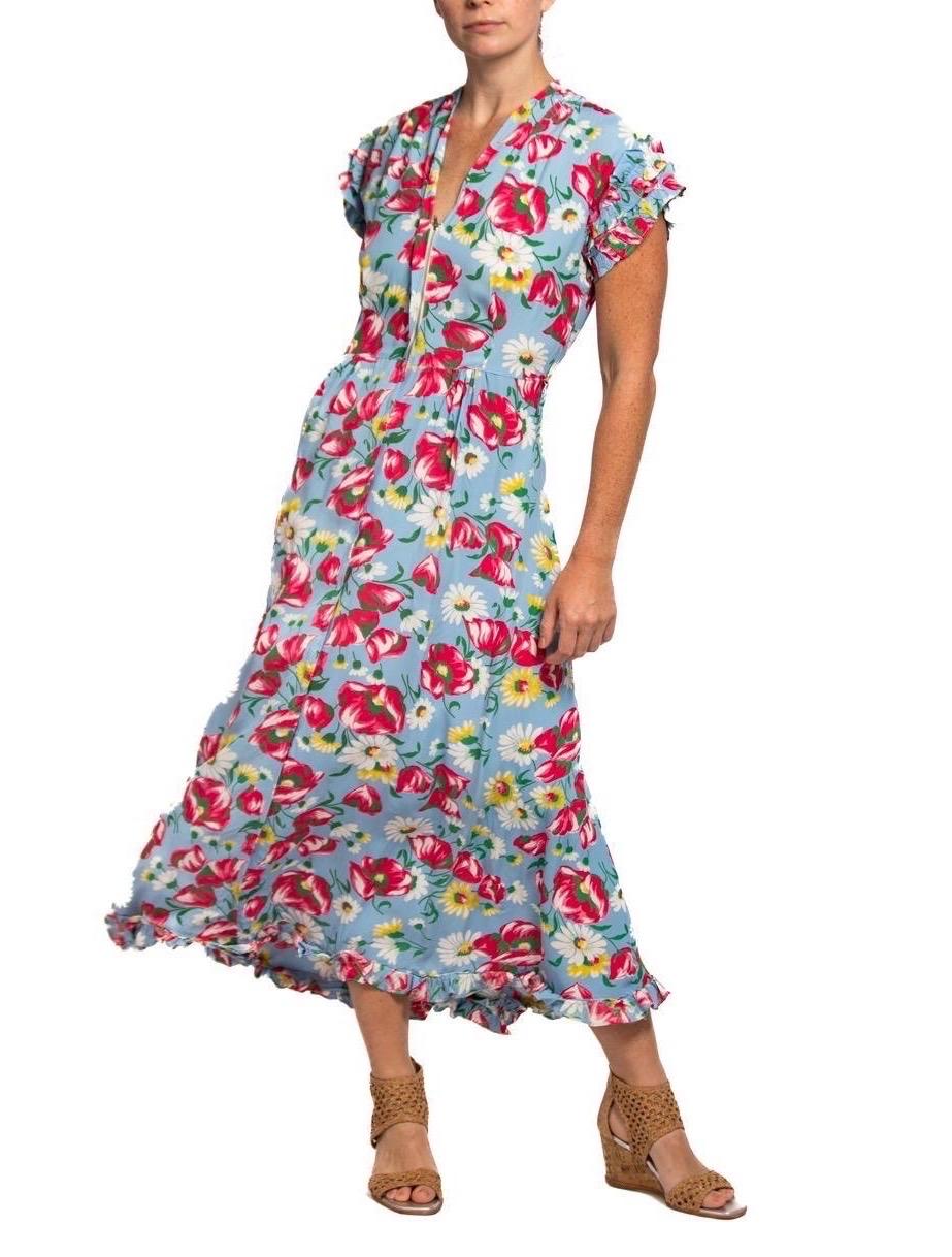 1940S Aqua Blue & Pink Cold Rayon Floral Zip-Front Dress For Sale 6