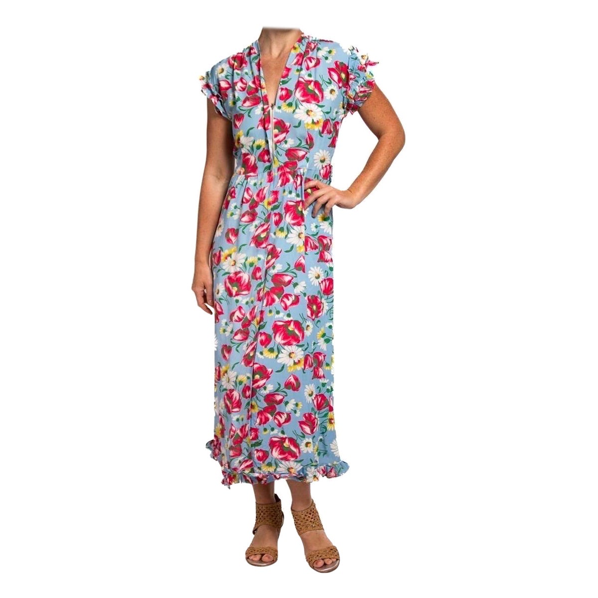 1940S Aqua Blau & Rosa Kaltes Rayon Floral Zip-Front Kleid